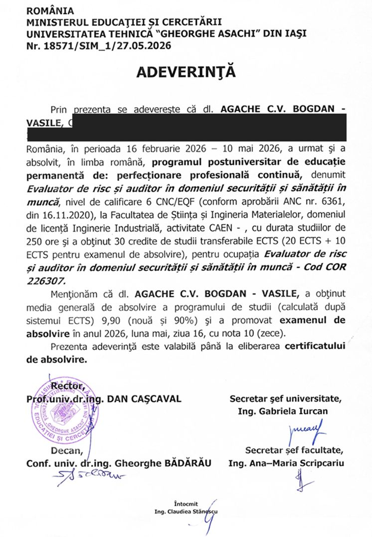 Adeverință de absolvire — Evaluator de risc și auditor în domeniul securității și sănătății în muncă