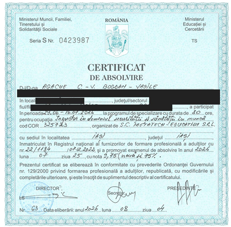 Certificat de absolvire — Inspector în domeniul securității și sănătății în muncă